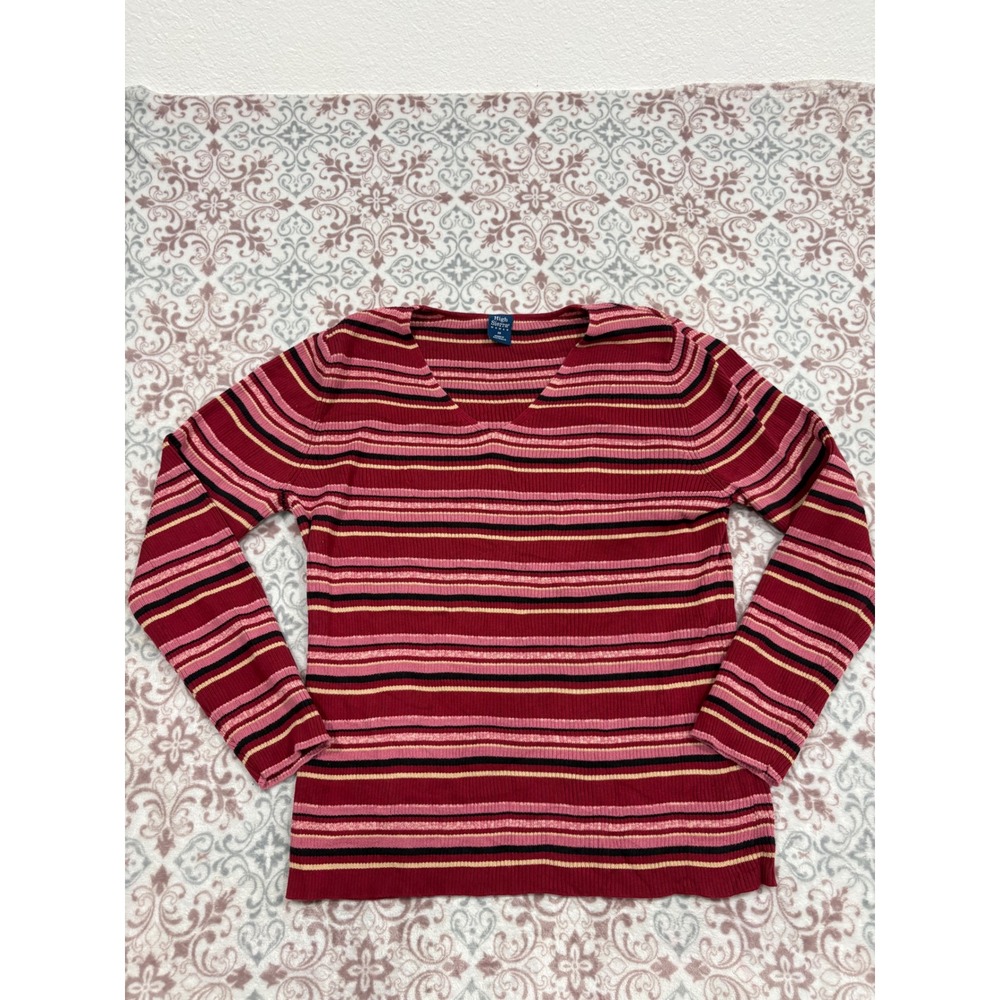 High Sierra Woman Red Striped V-Neck Ribbed Knit Sweater Size 2X Made Australia
